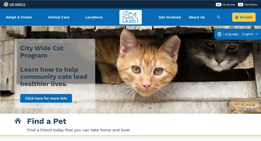 Los Angeles Animal Services homepage screenshot
